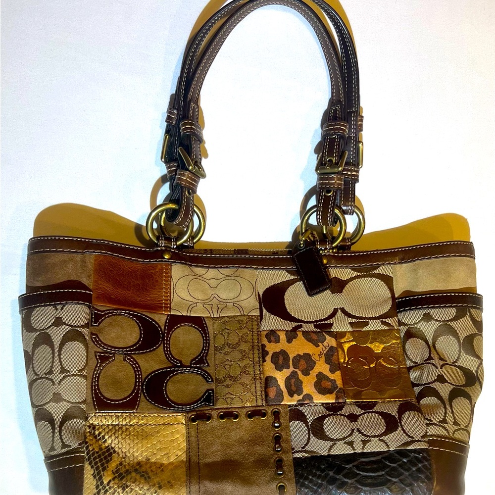 Coach Shoulder Bag Brown Patchwork Leather Suede Tan Canvas Brown Gold Leopard